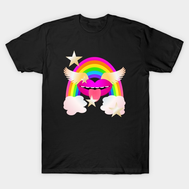 Groovy Winged Lips, Rainbow and Stars - PINK T-Shirt by RawSunArt